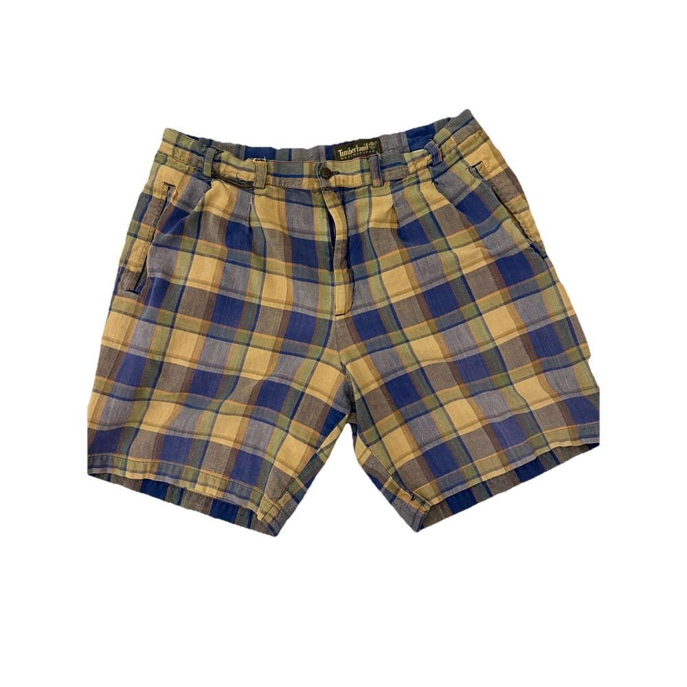 VTG 90s Timberland Plaid Shorts Men's XL  36 Blue Tan Gorpcore Retro
